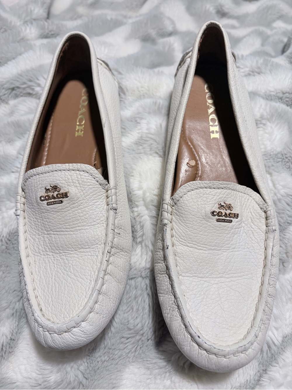 COACH White Leather Penny Loafers with Gold Logo